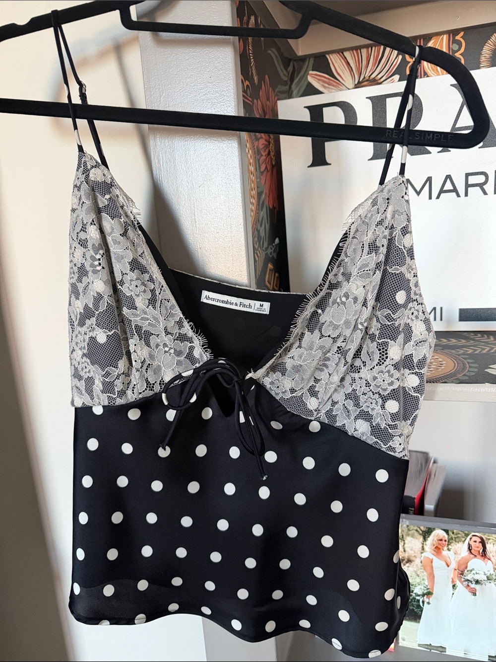 A&F Bella Tie-Front Lace Cami Black and White Polka Dot